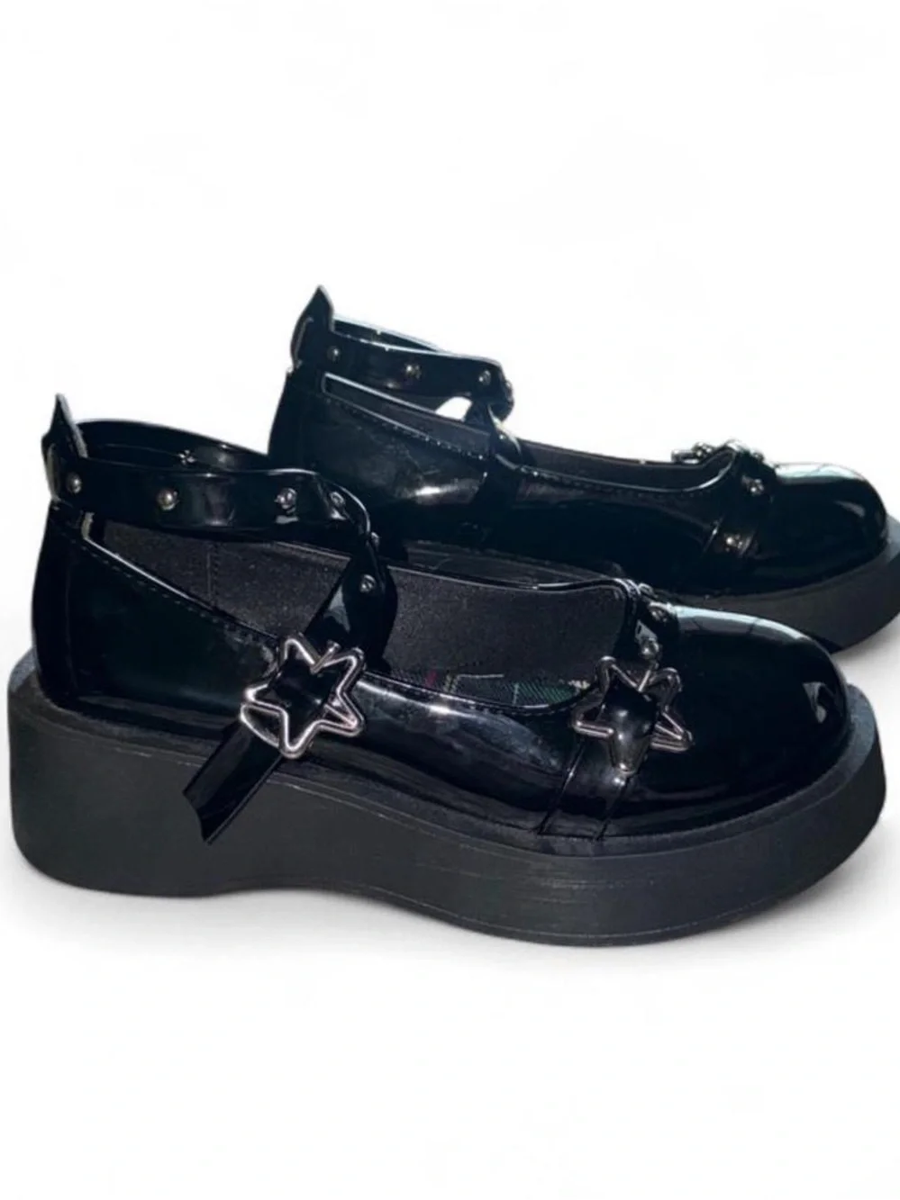Women’s Black Patent Platform Mary Janes with Star Buckles